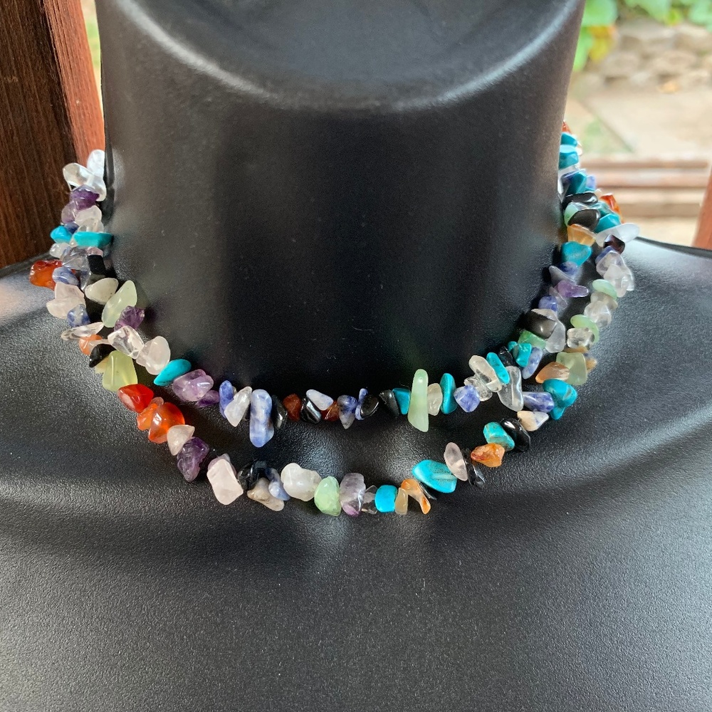 Strand of natural mixed semi-precious stones long